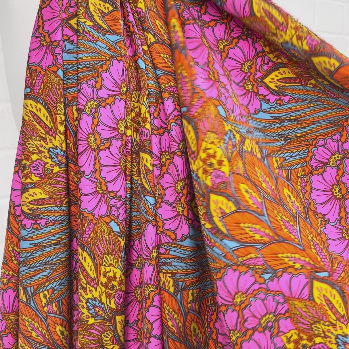 Bold Floral Paisley Orange and Pink Viscose Abstract Dress Fabric Video