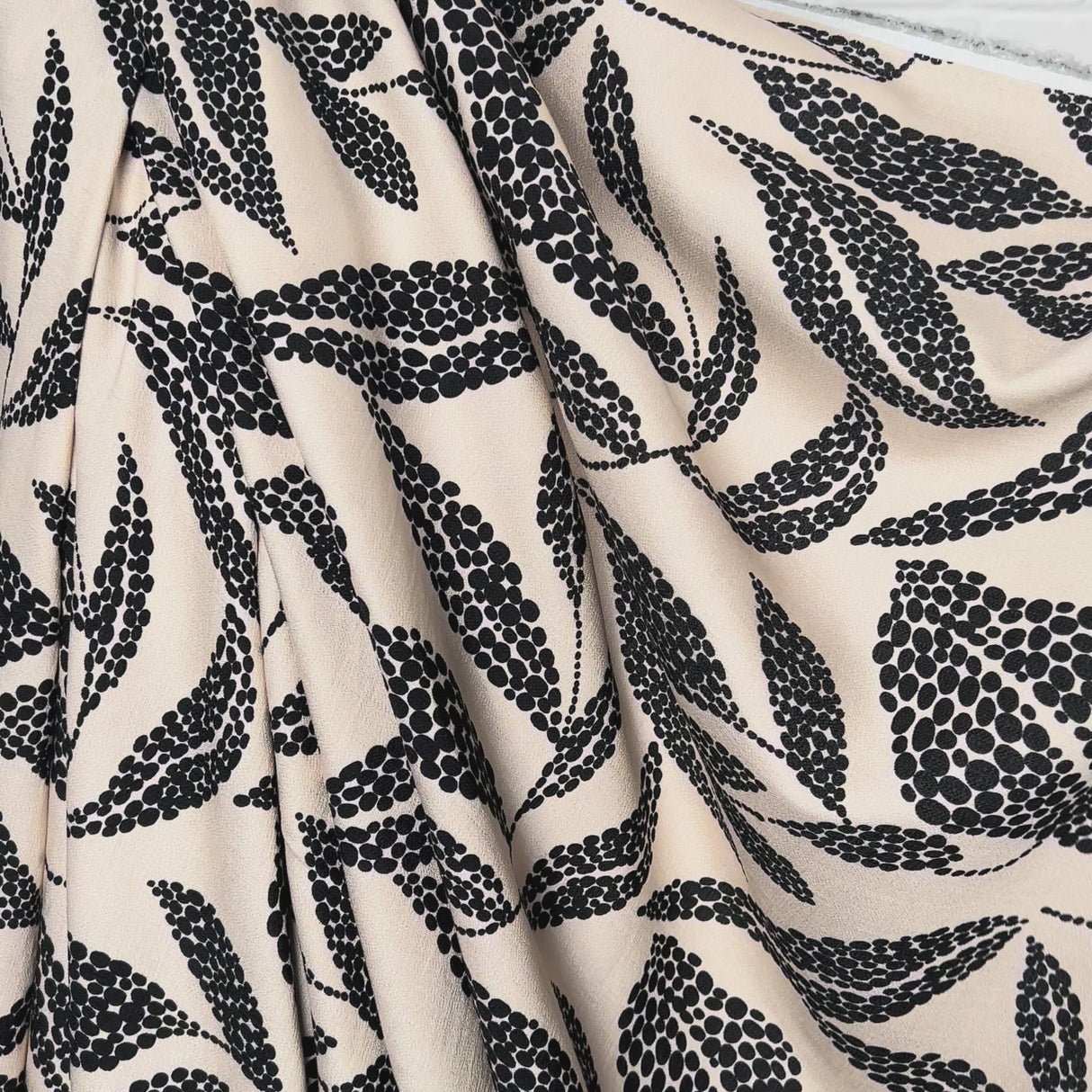 Beige Black Leaf Print Dress Fabric | Viscose Marocain Spot The Sand Video