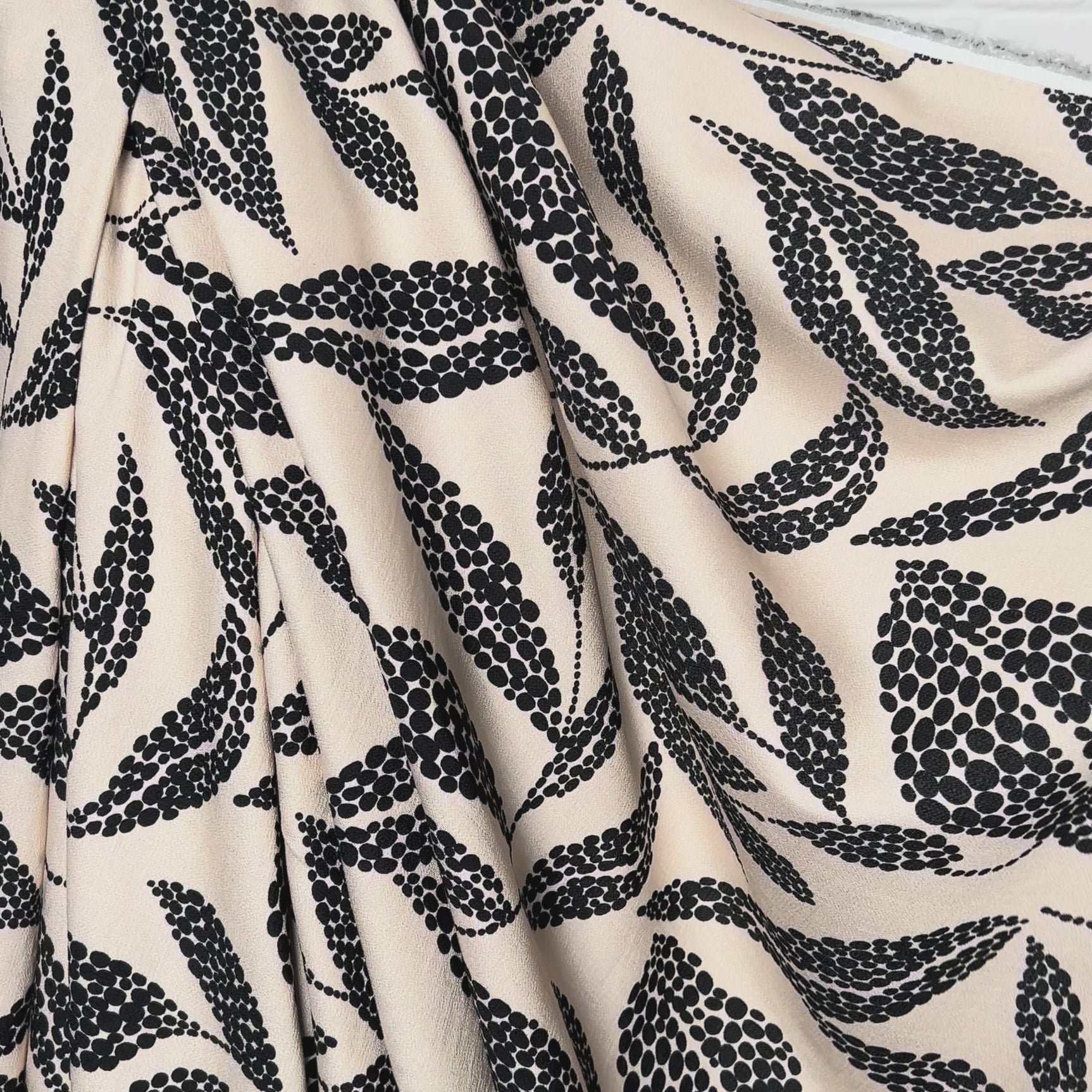 Beige Black Leaf Print Dress Fabric | Viscose Marocain Spot The Sand Video