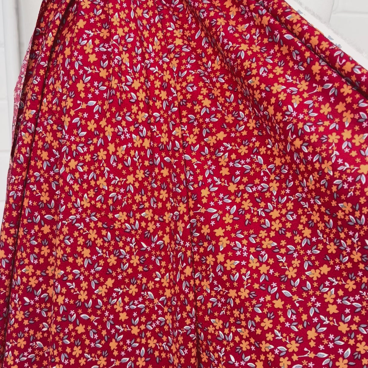 Viscose Poplin Floral Scatter Red Woven Dress Fabric Video