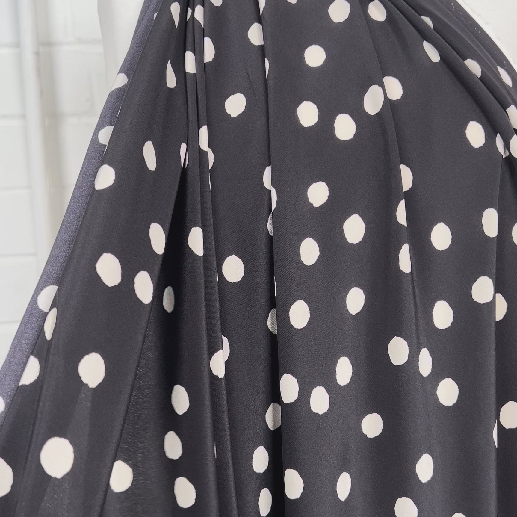 Italian Silk Luna Nera Black White Spot Dress Fabric Video