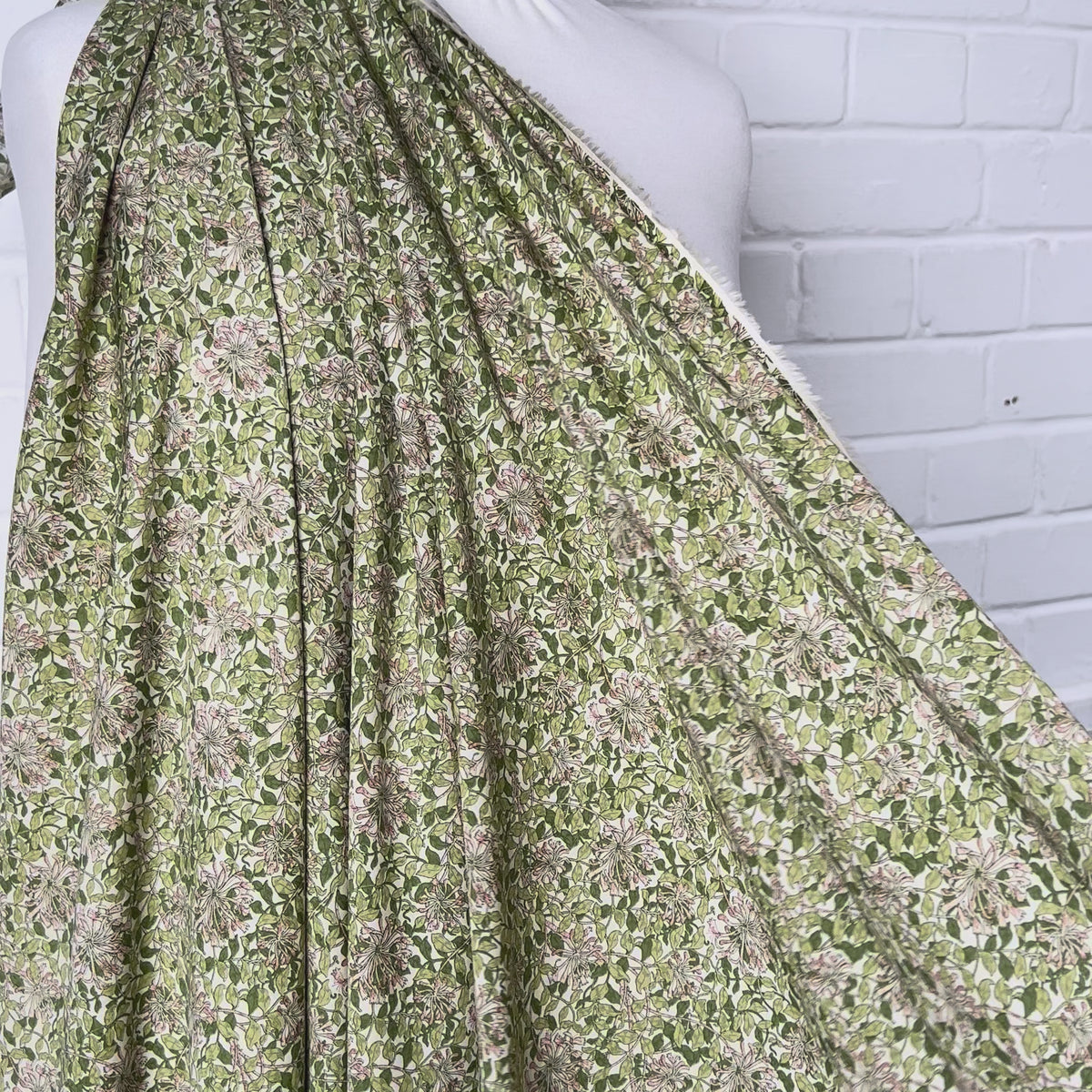 Green Pink Floral Print Dress Fabric Pima Cotton Lawn Honeysuckle Video