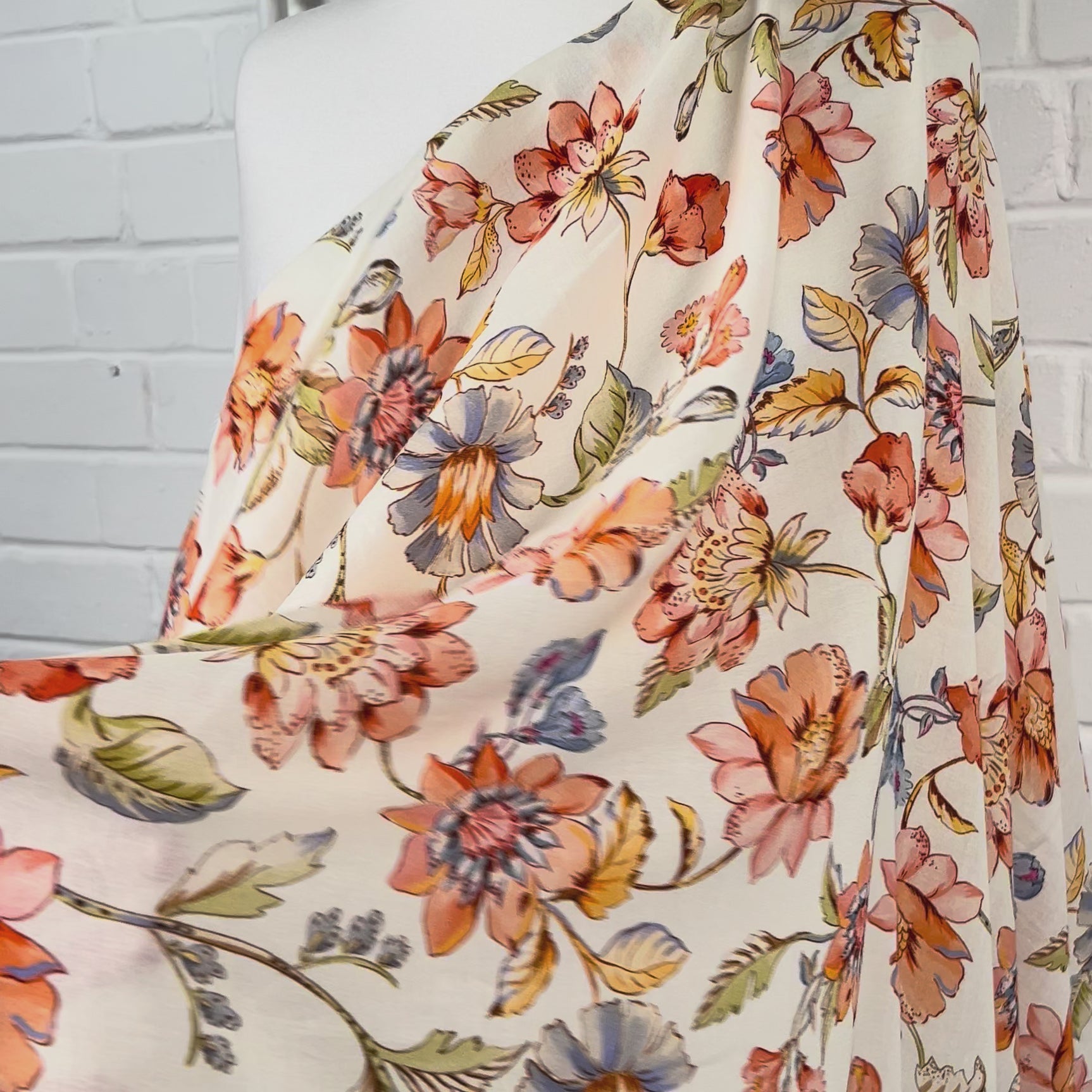 Florentine Italian Cream Floral Cotton Crepe Dress Fabric Video