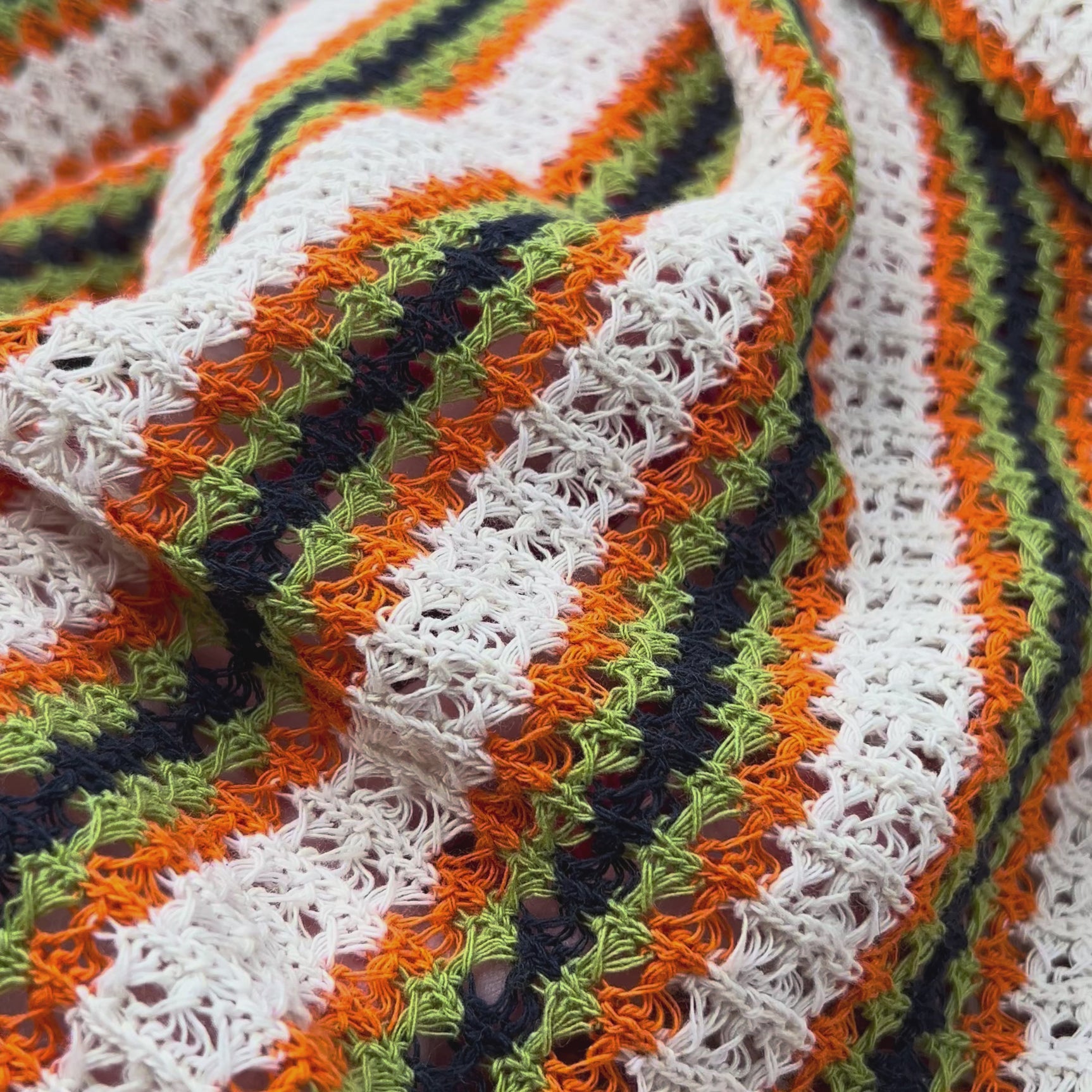Polycotton Orange green Striped Crochet Fabric Cadiz - Cinnamon Stripe Video