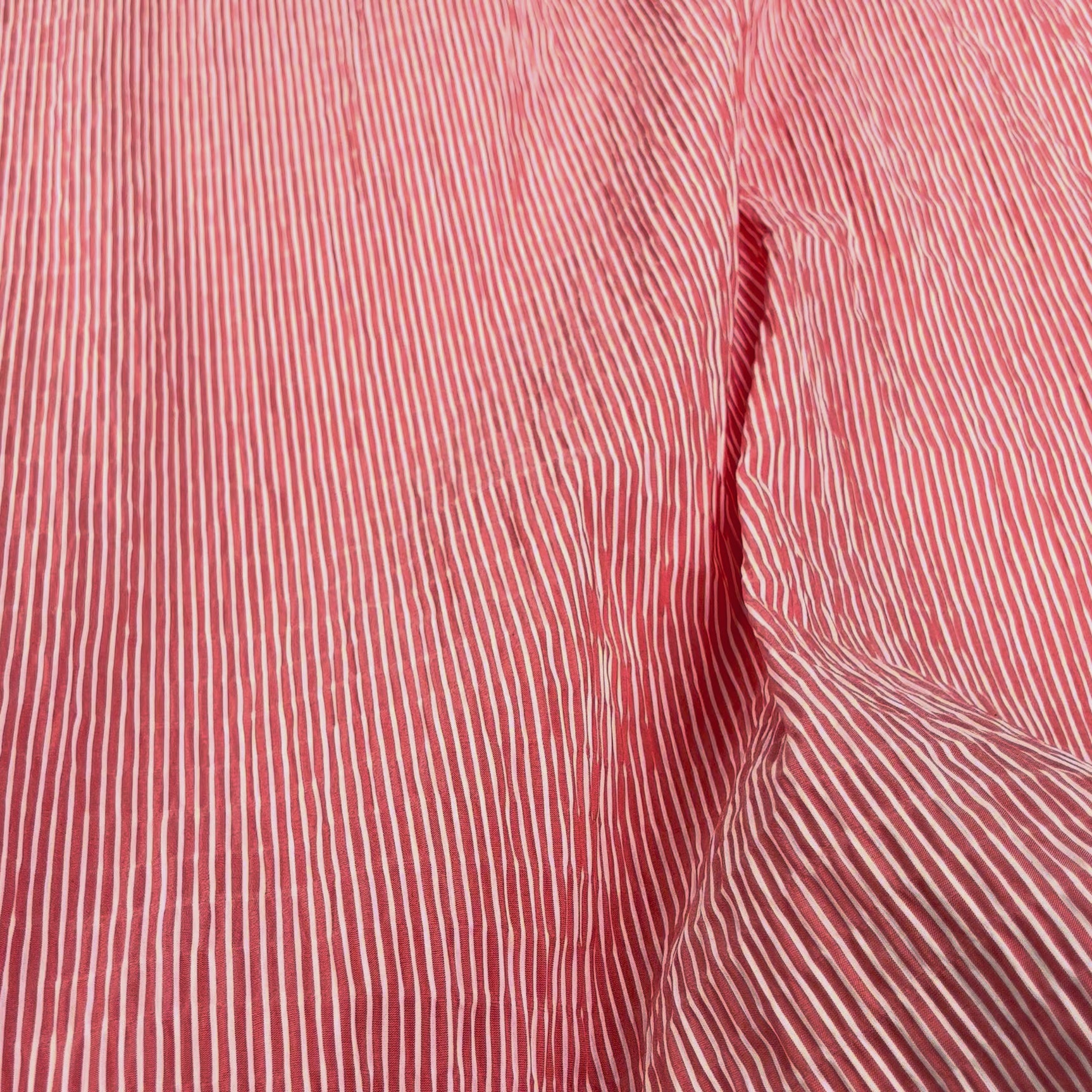 Crinkle Seersucker Stripe Red Cotton Polyester Elastane White Woven Dress Fabric Video