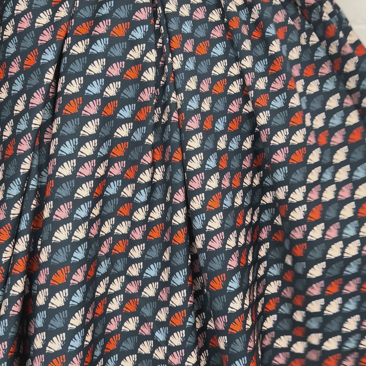 Abstract Printed Cotton Dress Fabric Dashwood Poplin Navy Fans Video