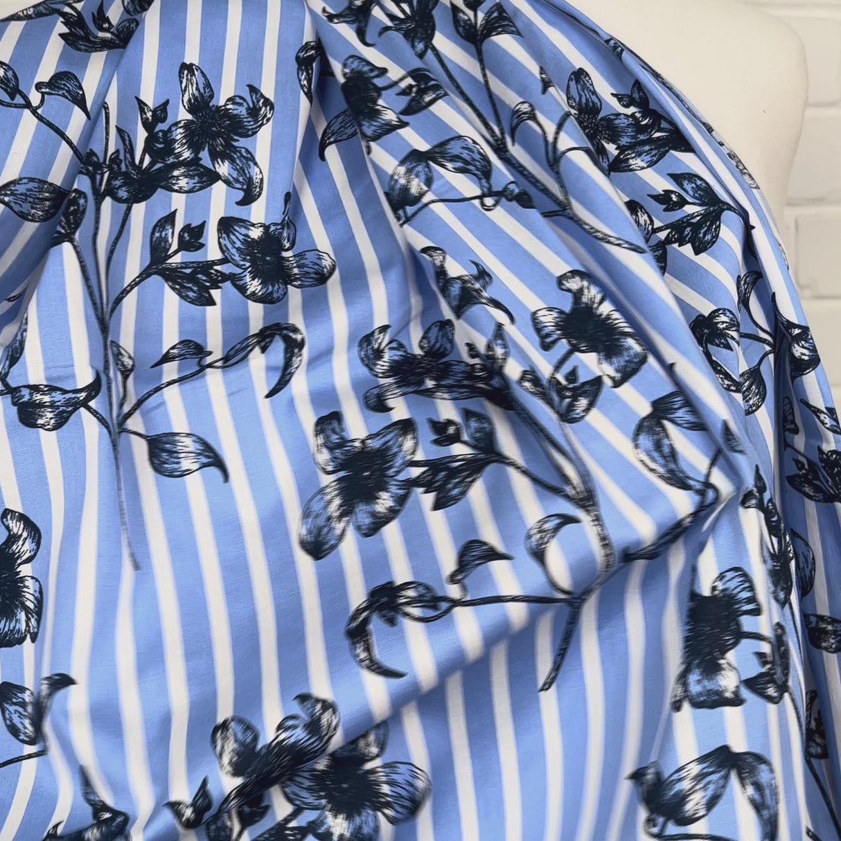 Chelsea Garden Cotton Blue White Floral Stripe Dress Fabric Video