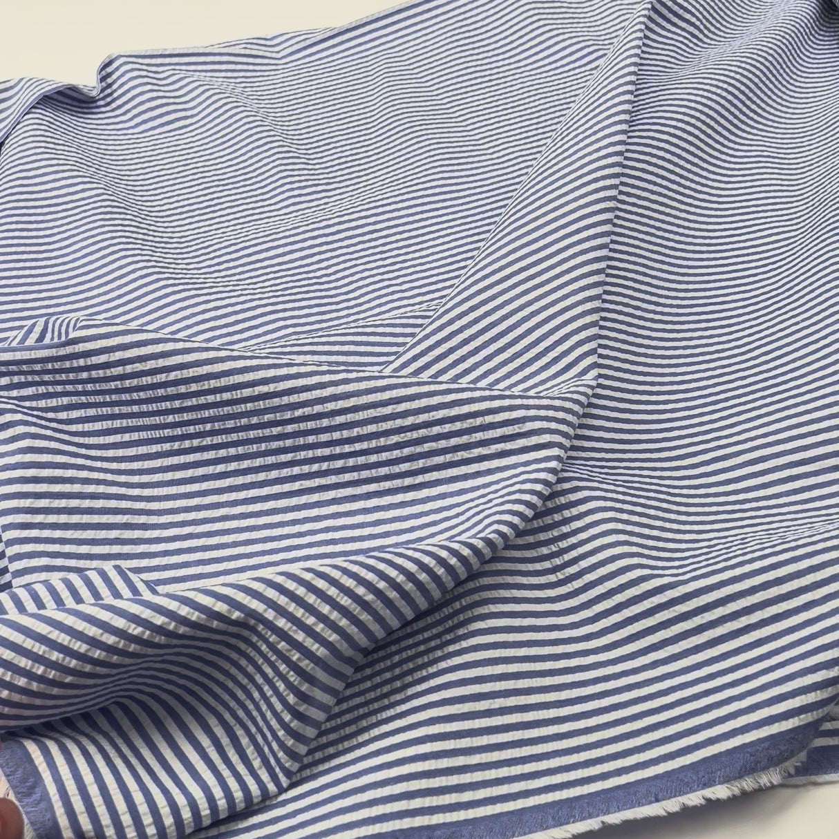 Seersucker - Henley - Blue Striped Cotton Fabric Video