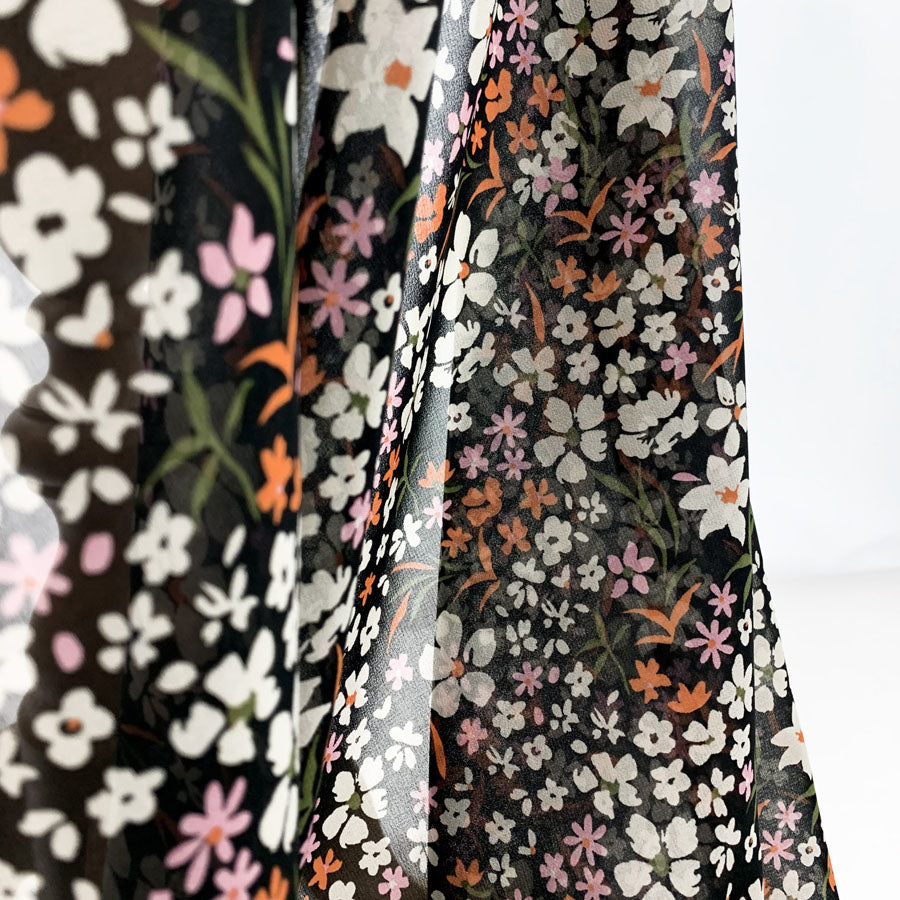 Printed Black Chiffon Polyester  Multicoloured Pink Orange Floral Drape