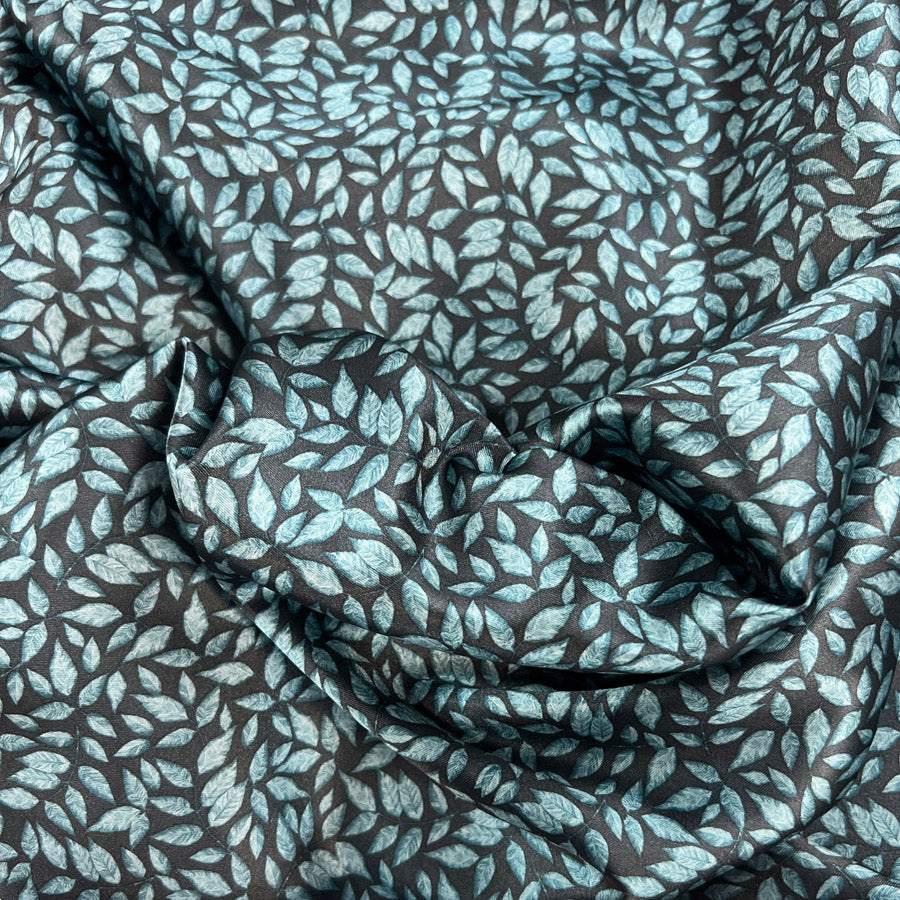 Printed Satin Lining - Leaf Blue