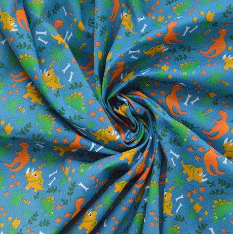 Put The Kettle On Disco Dino Blue Dinosaur Fabric Cud