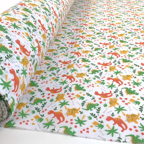 Put The Kettle On Disco Dino White Superior Quality Polycotton Fabric White Dinosaurs Roll