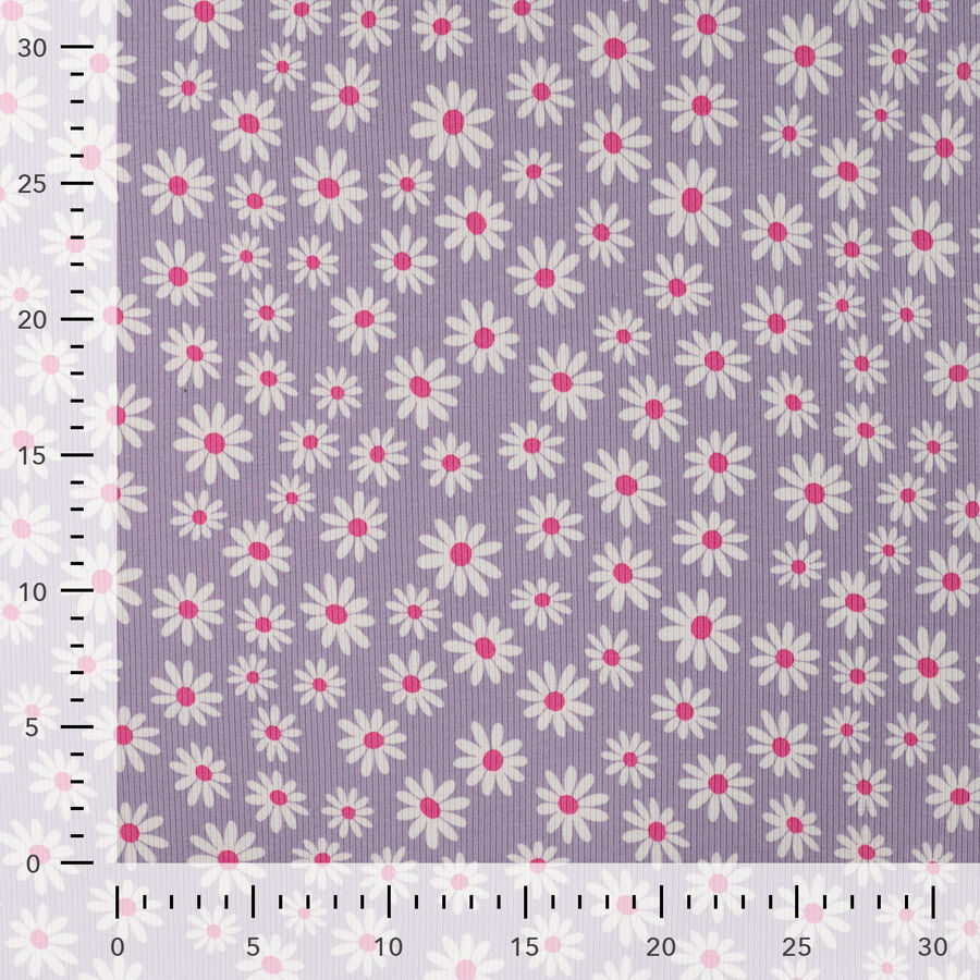 Qjutie Cotton Elastane Lilac Floral Print Rib Fabric Daisy K47054 430 Ruler