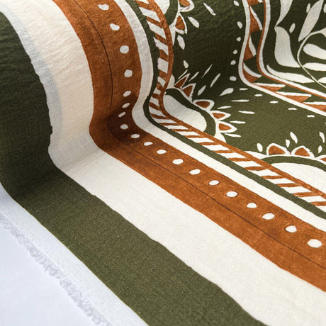 Queen Bee Viscose Polyamide Green Orange White Floral Leaf Printed Dress Fabric Roll