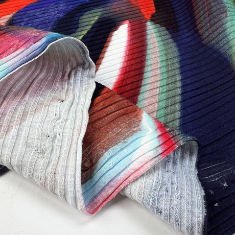 Ribbed jersey cosmic navy abstract red multicoloured cotton elastane knit fabric fold