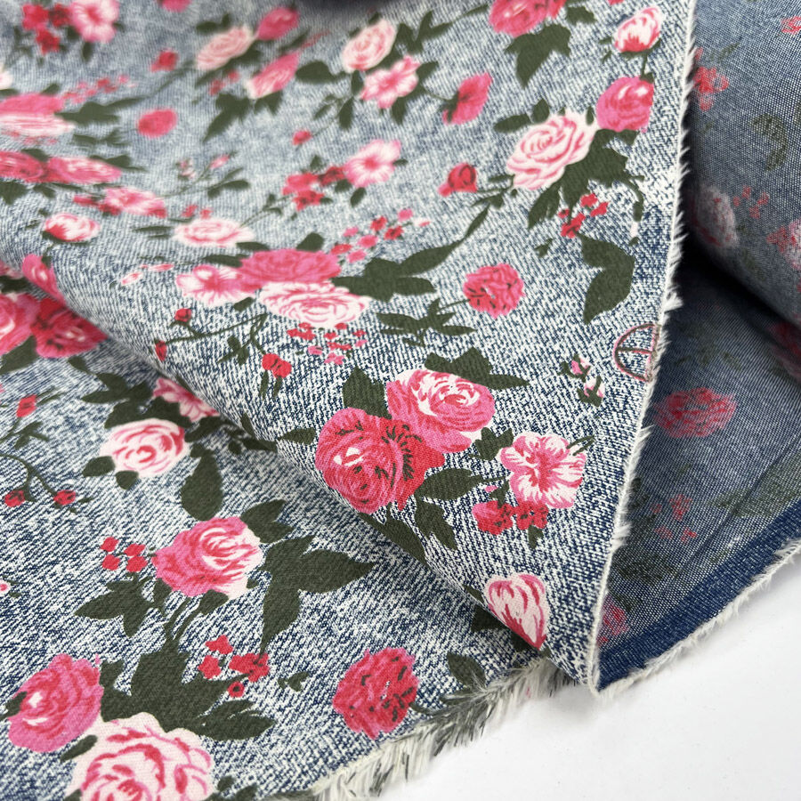 Roseberry charm pink blue denim chambray printed floral fabric bolt