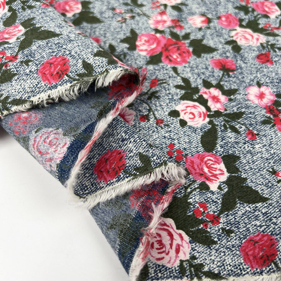 Roseberry charm pink blue denim chambray printed floral fabric fold