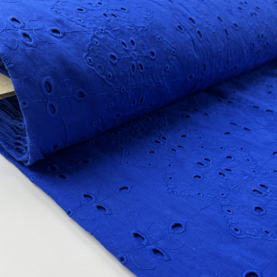 Royal Voile Blue Cotton Broderie Anglaise Woven Dress Fabric Bolt
