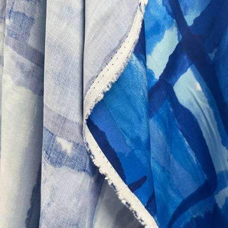 Satin Viscose Scottsdale Blue Square Print Dress Fabric Hang