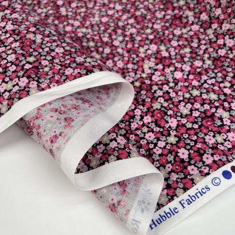 Sewing Room Alora Cotton Poplin Floral Small Pink Black Dress Fabric Fold