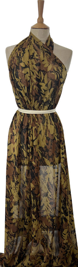 Sheer Elegance Brown Abstract Leaf Printed Chiffon Dress Fabric Mannequin