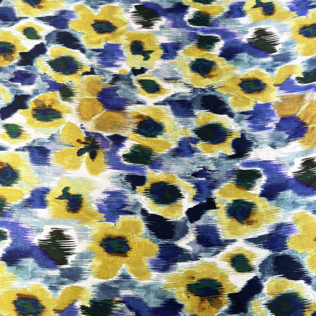 Sicilian Summer Silk Italian Deadstock Floral Blue Yellow Watercolour Dress Fabric Print