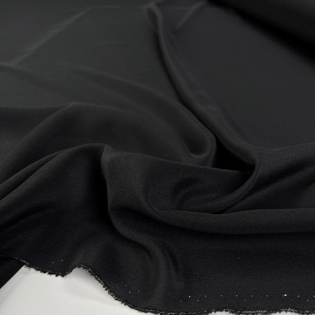 Silk Crepe De Chine Black Italian Ex Designer Plain Woven Deadstock Dress Fabric