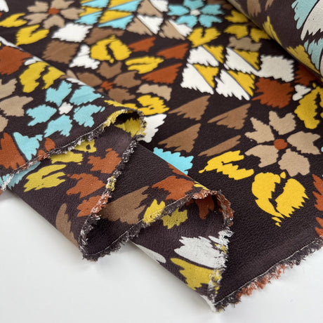 Silks Of Italy Boho Brown Blue Yellow White Abstract Italian Deadstock Dress Fabric Fold