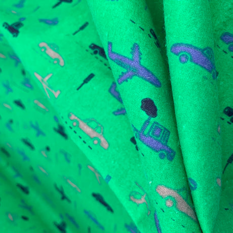 Sleep Tight Travels Brushed Cotton Winceyette Wide Navy Blue And Grey Vehicles On Green Background Fold