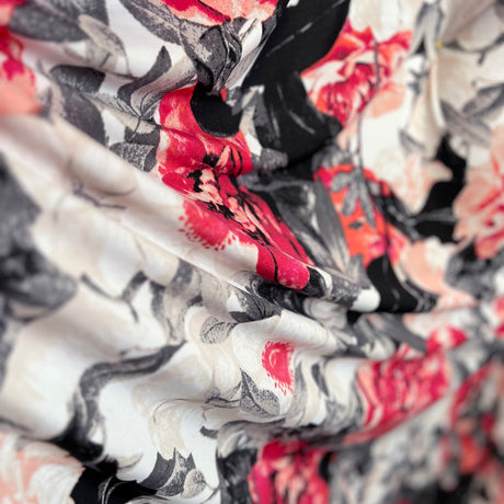 Slinky Jersey Dress Fabric Pink Black Floral Georgina Drape
