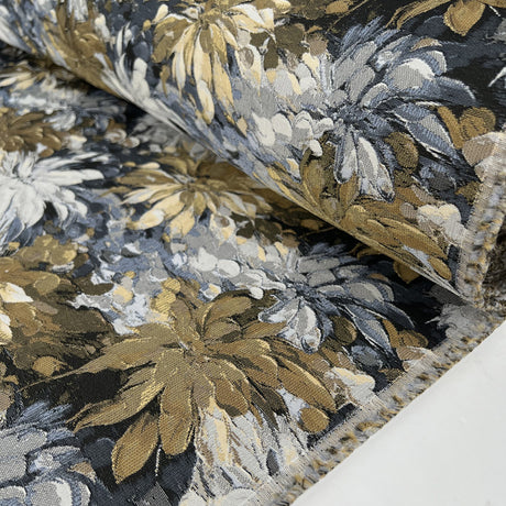 Smooth Brocade Petal Power Polyester Grey Gold Floral Jacquard Dress Fabric Roll
