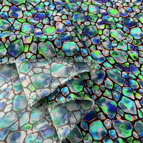 Spaced Out Viscose Abstract Green Blue Black Woven Dress Fabric Fold