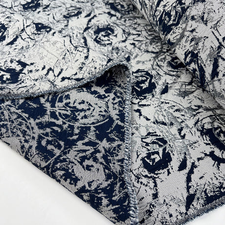 Sterling Brocade Navy Silver Abstract Floral Polyester Metallic Jacquard Dress Fabric Fold