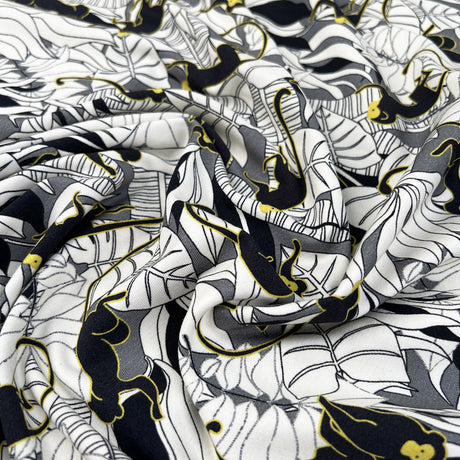 Stof Cotton Jersey Monkeying Around Black White Grey Yellow Monkey Leaf Print Elastane Knit Fabric