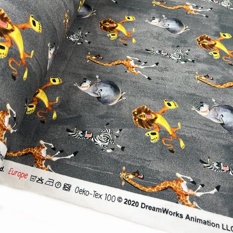 Stonewashed Madagascar Licensed Brushed Cotton Elastane Sweatshirting Fabric Grey Roll