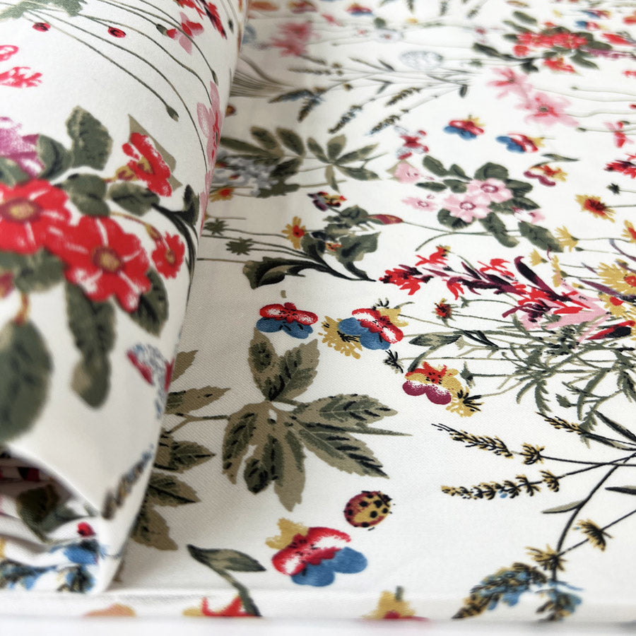 Stretch Cotton Lycra Fabric White Floral Spring Garden Ivory Bolt