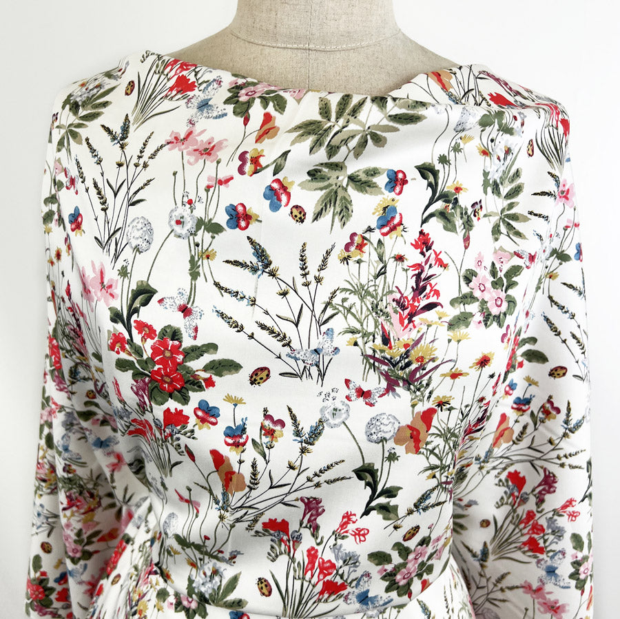 Stretch Cotton Lycra Fabric White Floral Spring Garden Ivory Chest