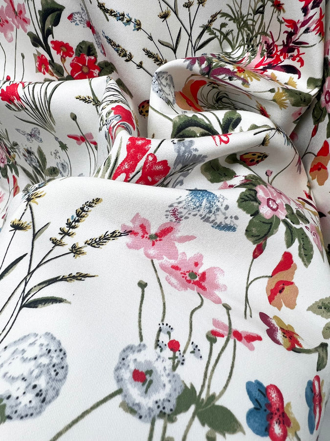 Stretch Cotton Lycra Fabric White Floral Spring Garden Ivory Close Up