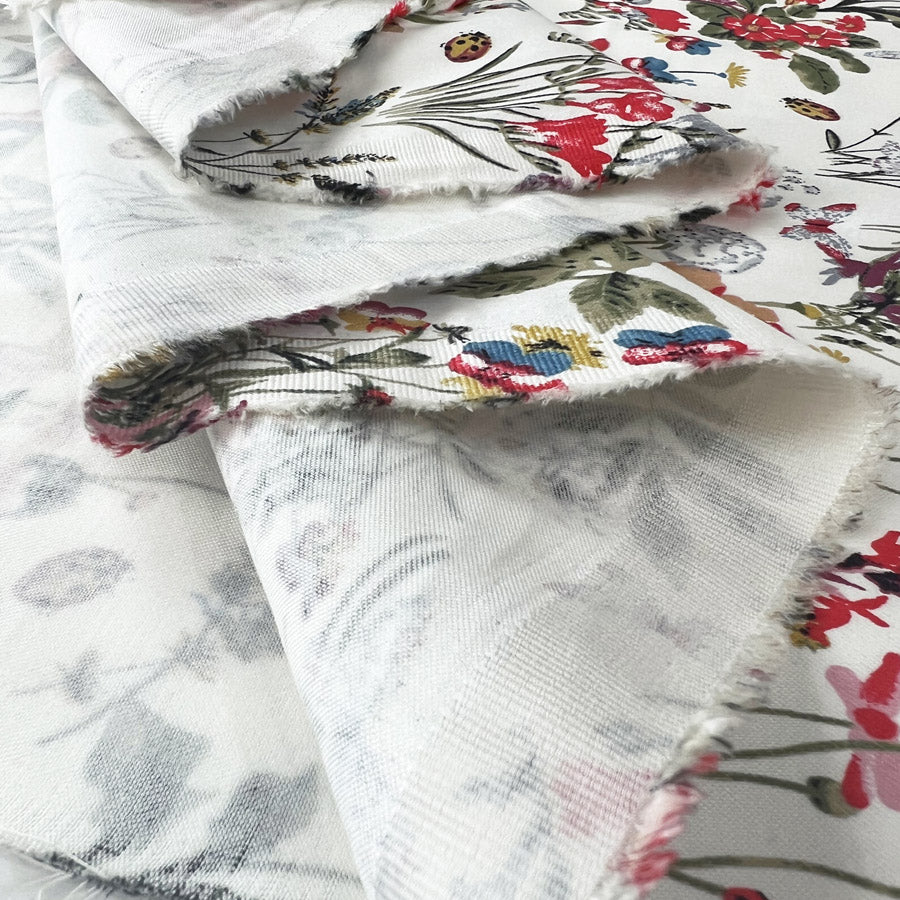 Stretch Cotton Lycra Fabric White Floral Spring Garden Ivory Fold