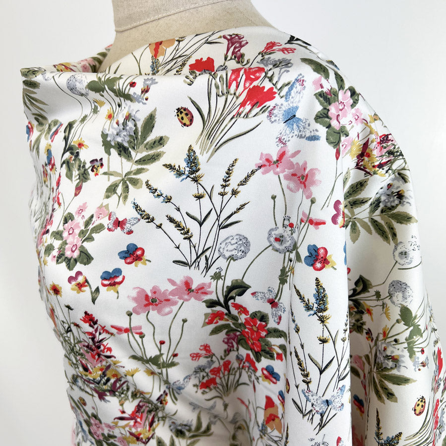 Stretch Cotton Lycra Fabric White Floral Spring Garden Ivory Side