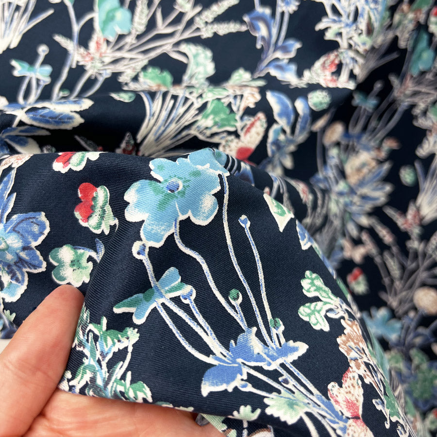 Stretch Cotton Lycra Fabric White Floral Spring Garden Navy Close Up