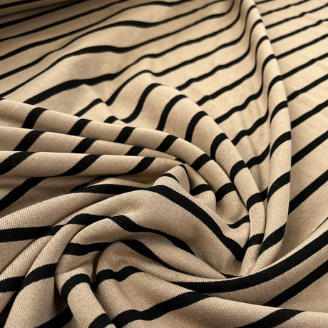 Stripe   Snug Black Brown Cotton Knitted Jersey Strerch Jumper Fabric