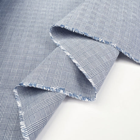 Summer Sky Check Cotton Elastane Trousering Blue Woven Fabric Fold