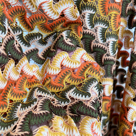 Sunset Serenade Polyester Green Orange Crochet Lace Kaftan Dress Fabric Cu2