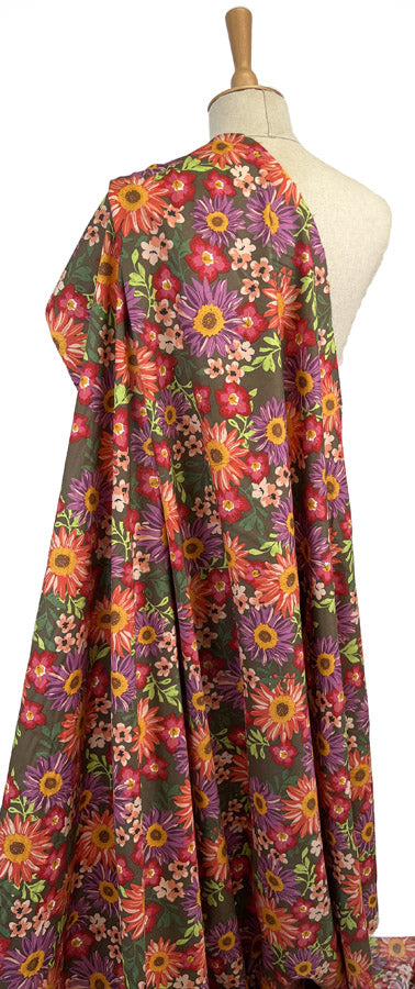 Sussex Calendula Floral Orange Cotton Lawn Brown Pink Dress Fabric Mannequin