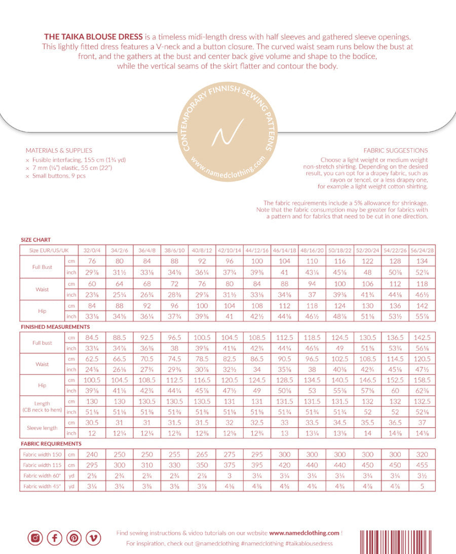 Named - Taika Blouse Dress Pattern (UK 4-28)