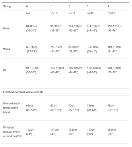 Tessuti Lennox Size Chart