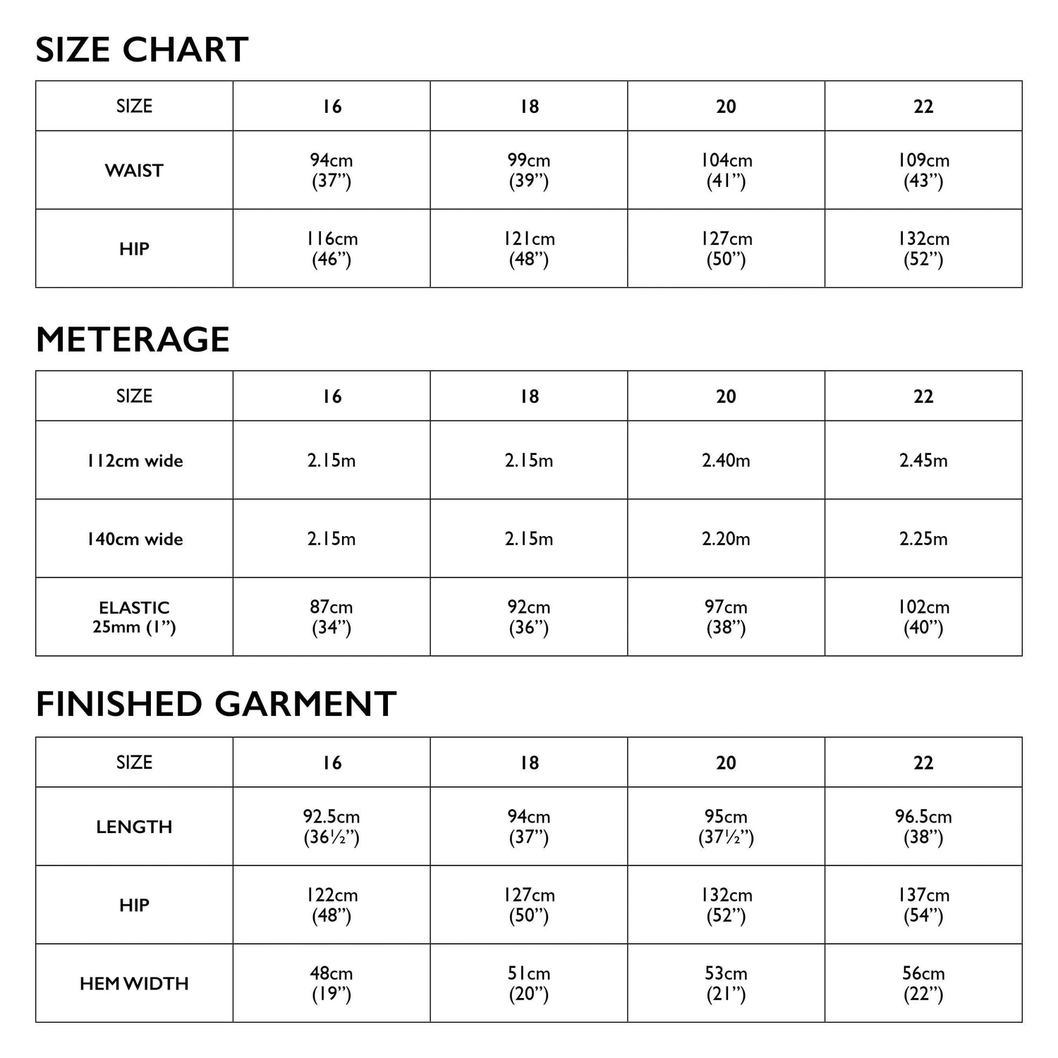 Tessuti Jensen Pants Sewing Pattern Size Chart 16 22