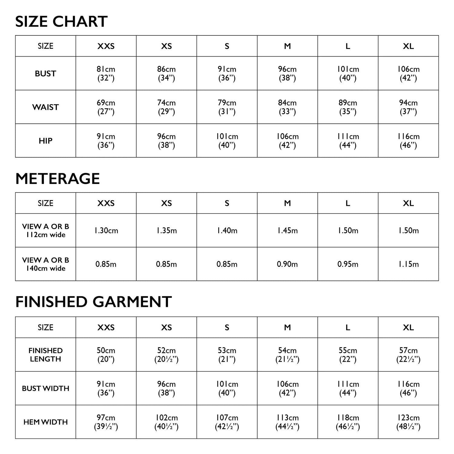 Tessuti Kate Top Sewing Pattern Size Chart Xxs Xl