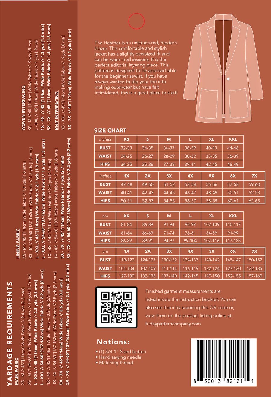 The Heather Blazer Pattern By Friday Pattern Company Back Cover